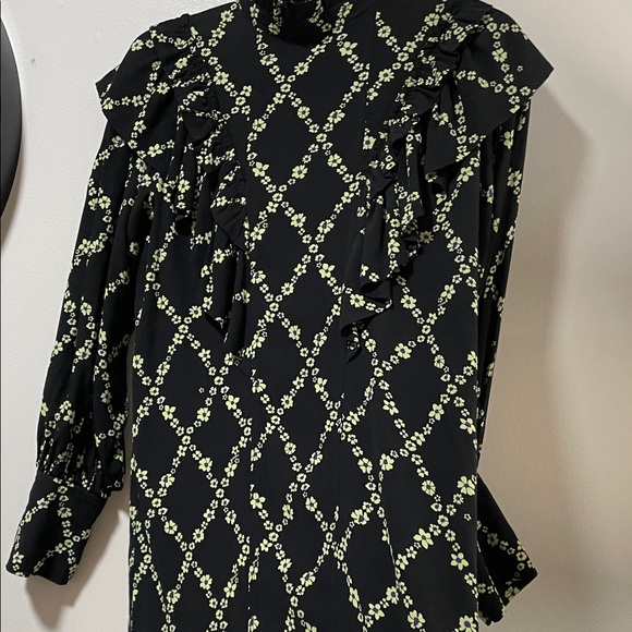 Ganni Crepe Margarita Black Mini Dress with Green Floral Lattice - Picture 12 of 17